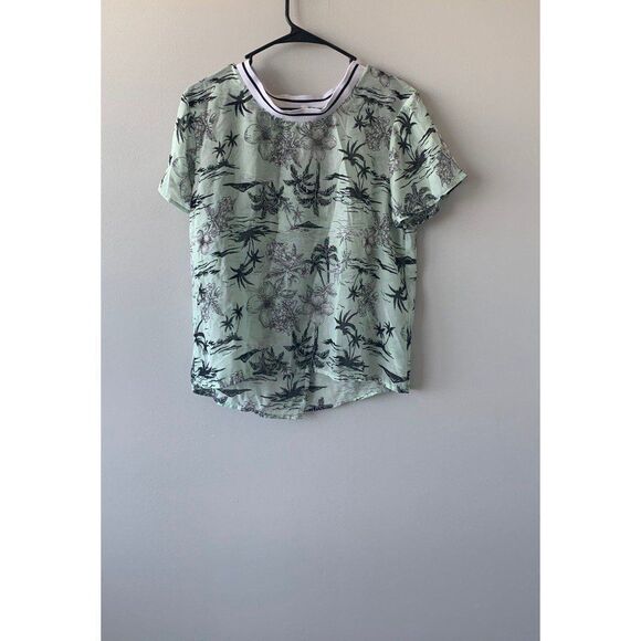 H&M Eyeshadow Women Mint Green Tropical Palm Tree Split Back Sheer Blouse Top - Picture 2 of 9